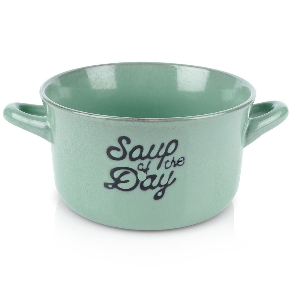 Green ceramic bowl with handle for soup, cereal and snacks
