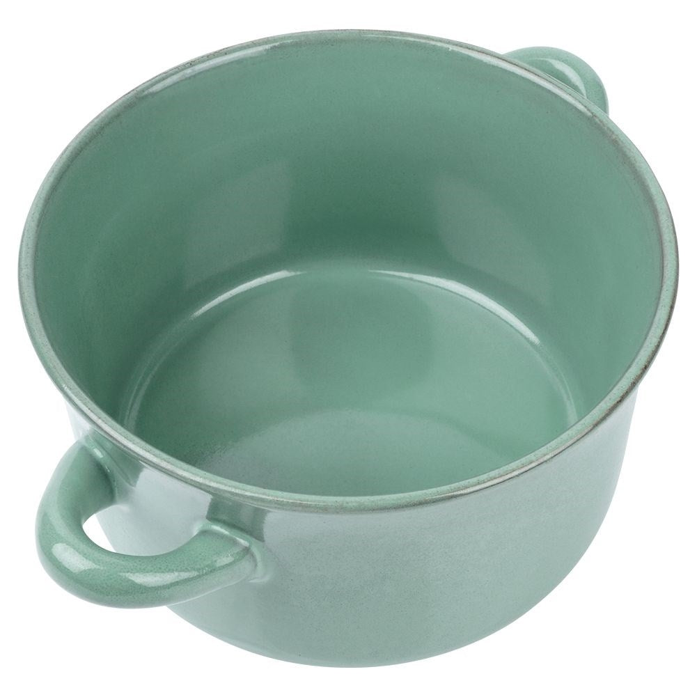Green ceramic bowl with handle for soup, cereal and snacks
