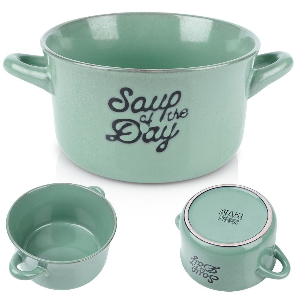 Green ceramic bowl with handle for soup, cereal and snacks