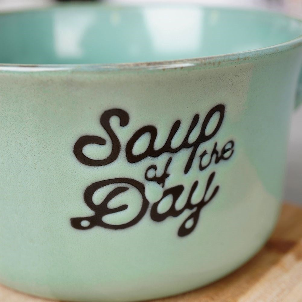 Green ceramic bowl with handle for soup, cereal and snacks