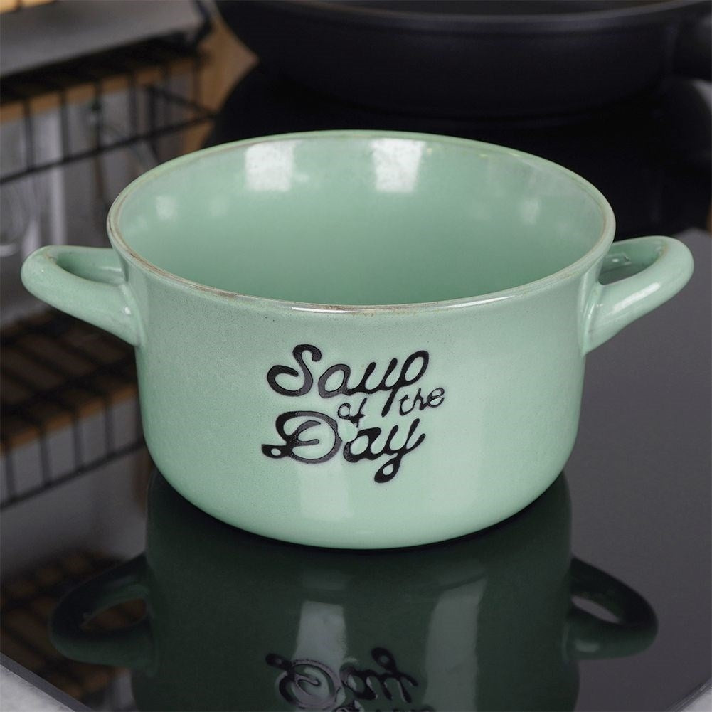 Green ceramic bowl with handle for soup, cereal and snacks