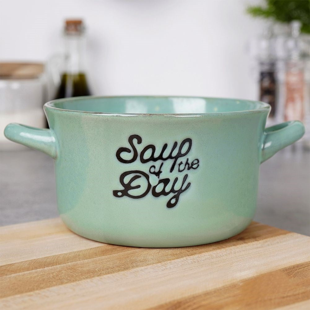 Green ceramic bowl with handle for soup, cereal and snacks