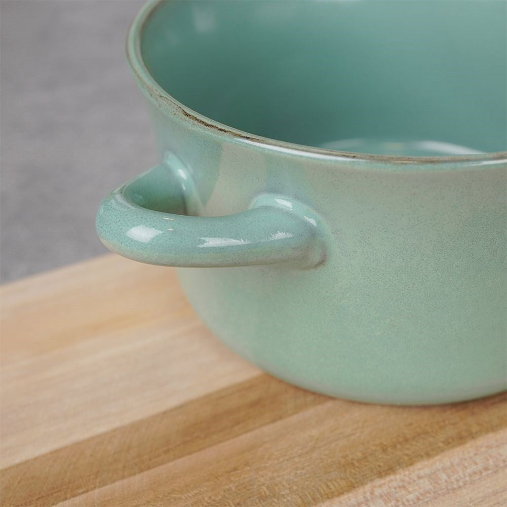 Green ceramic bowl with handle for soup, cereal and snacks