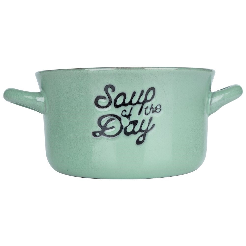 Green ceramic bowl with handle for soup, cereal and snacks