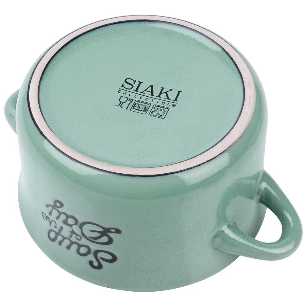 Green ceramic bowl with handle for soup, cereal and snacks