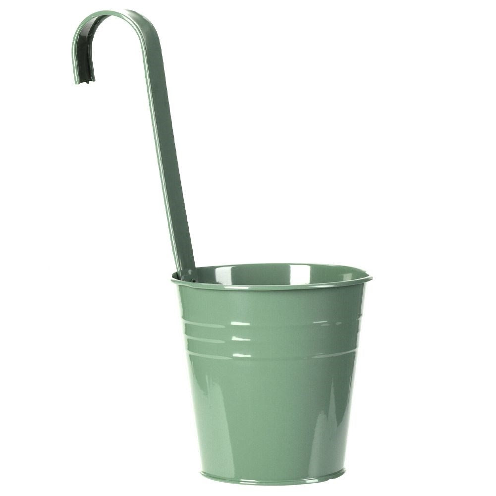 Green metal pot with handle for balcony or terrace