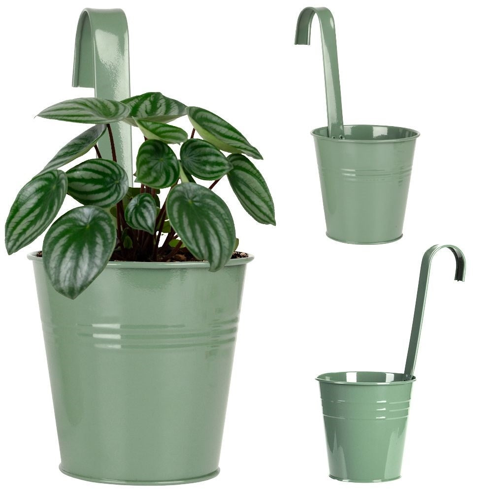Green metal pot with handle for balcony or terrace
