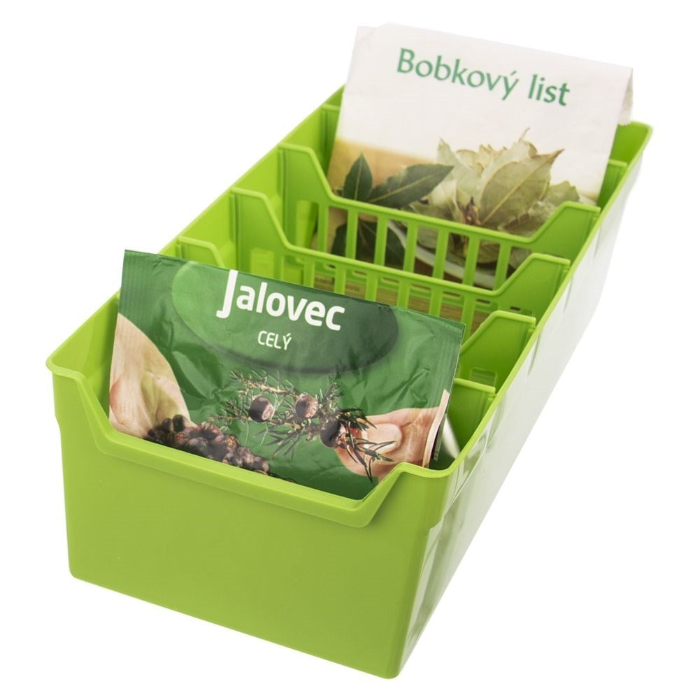 Green spice box with five removable compartments for kitchen organization