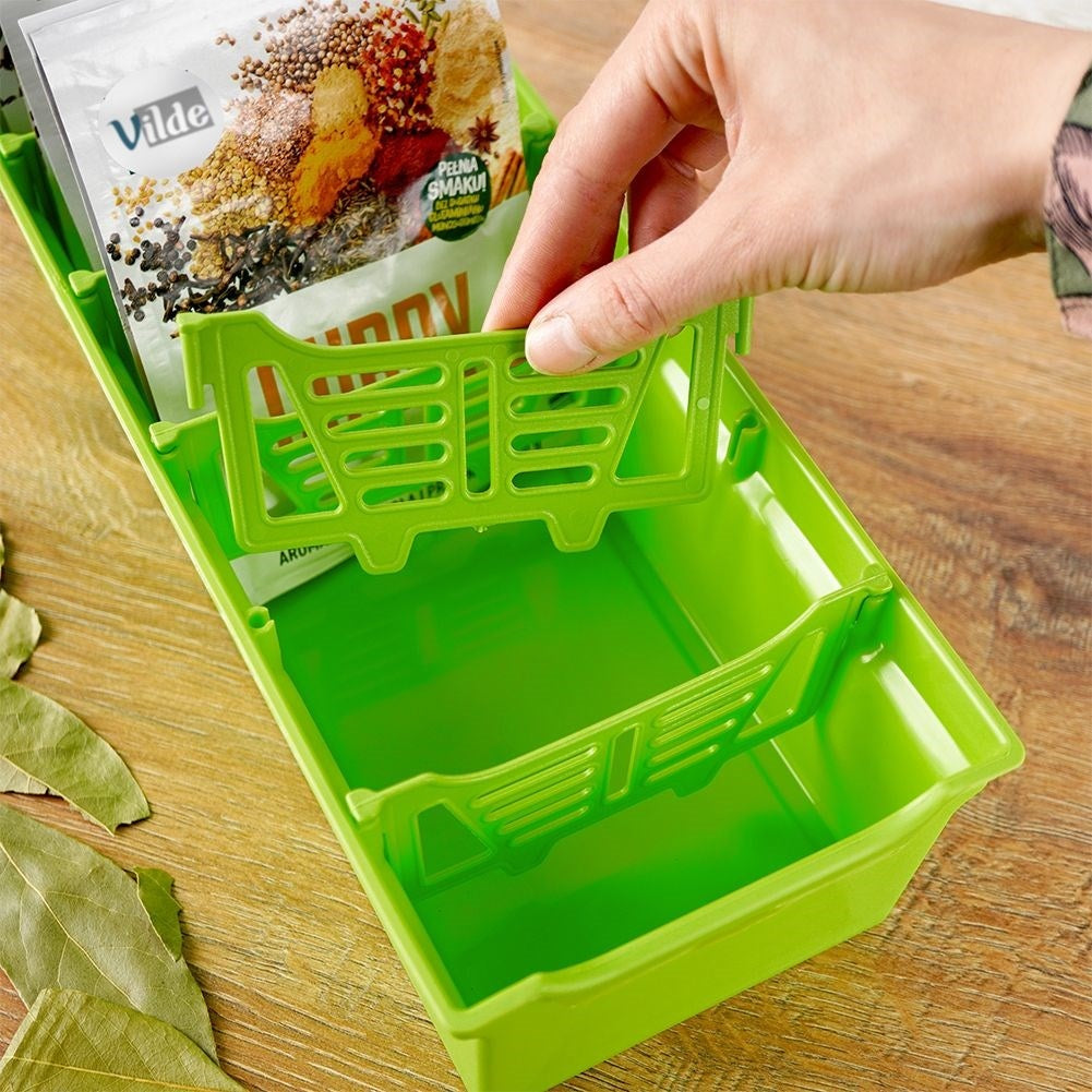Green spice box with five removable compartments for kitchen organization