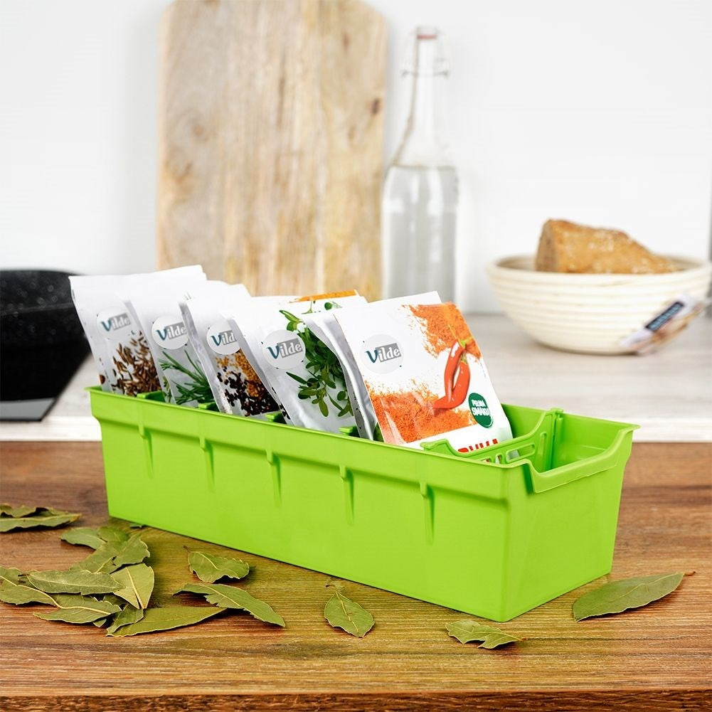Green spice box with five removable compartments for kitchen organization