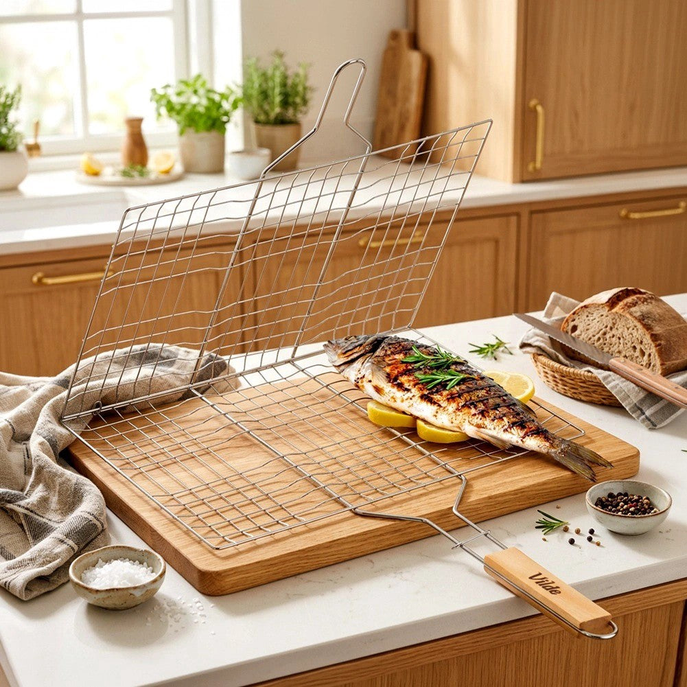 Grill Basket with Wooden Handle, 40x30 cm Metal