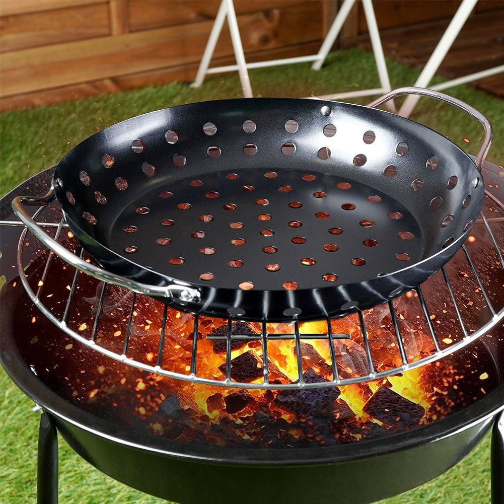 Grill basket with handle for grill, oven & open fire