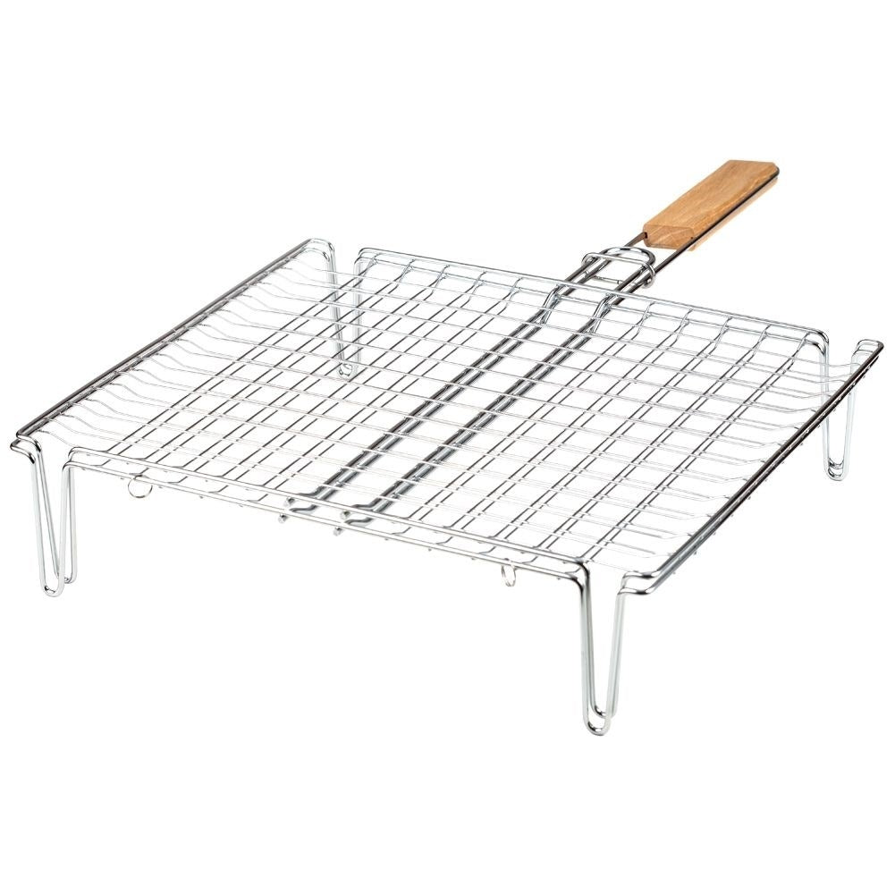 Grill grate with legs and wooden handle for easy grilling