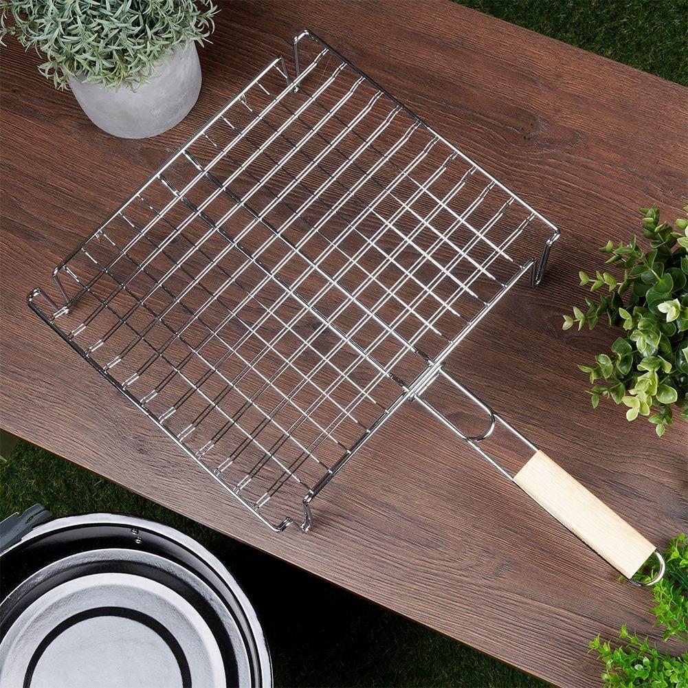 Grill grate with legs and wooden handle for easy grilling