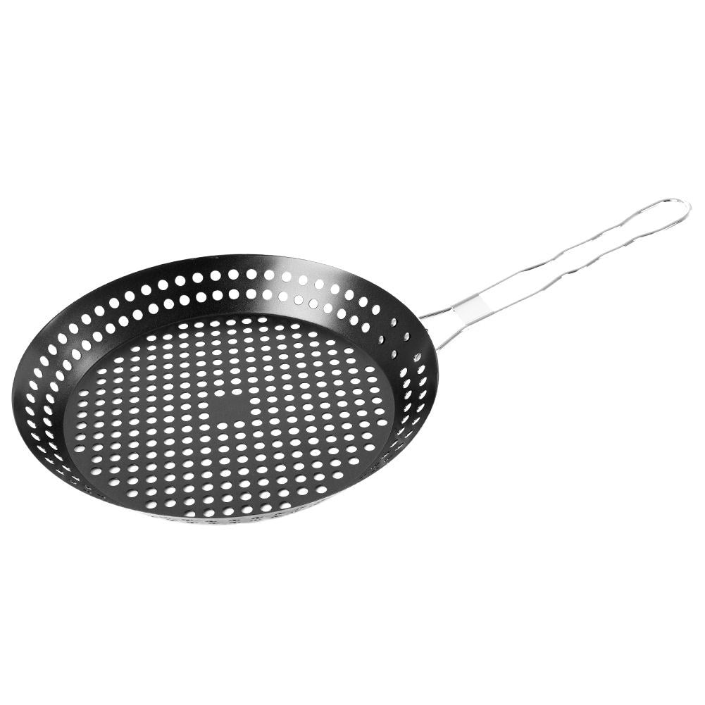 Grill pan: Non-stick, perforated surface, long handle