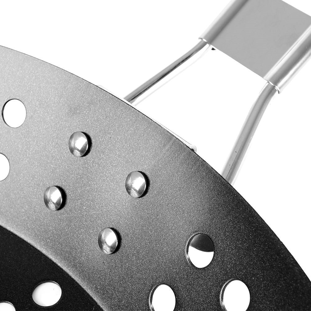 Grill pan: Non-stick, perforated surface, long handle