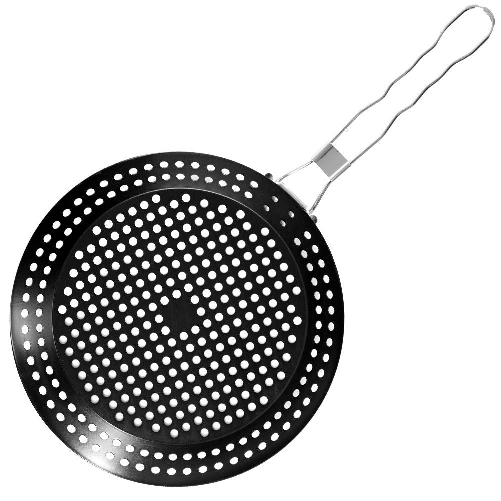 Grill pan: Non-stick, perforated surface, long handle
