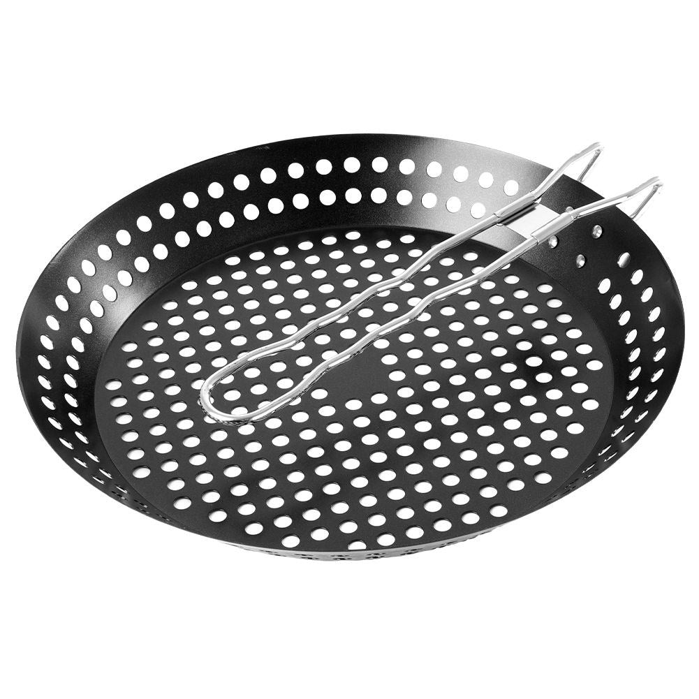 Grill pan: Non-stick, perforated surface, long handle