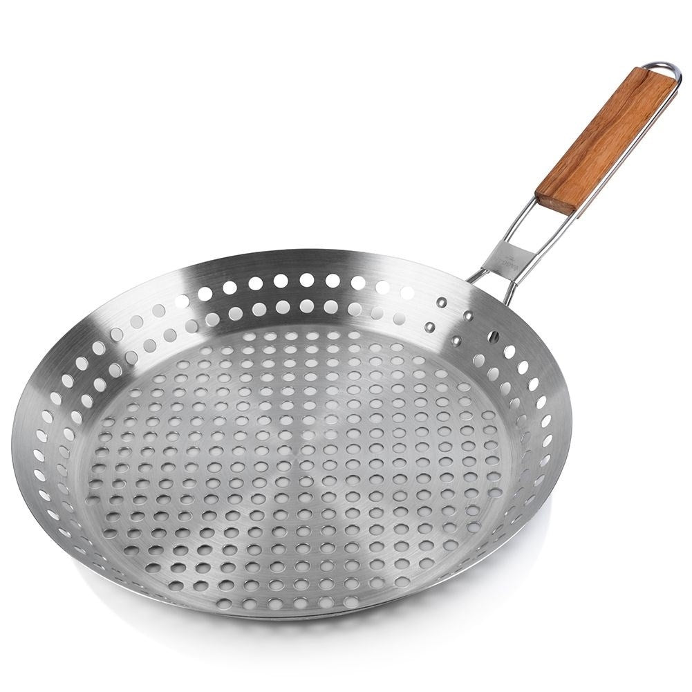 Grill pan with perforated surface and foldable handle