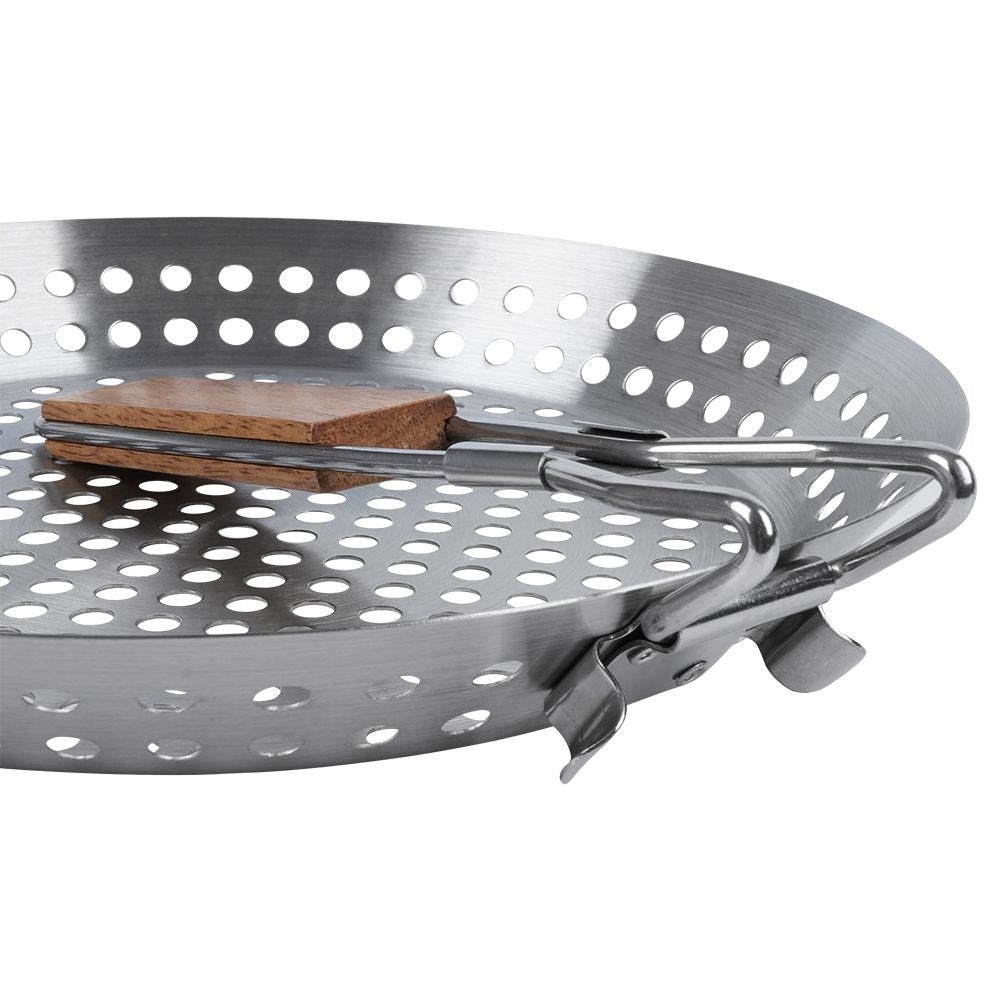 Grill pan with perforated surface and foldable handle