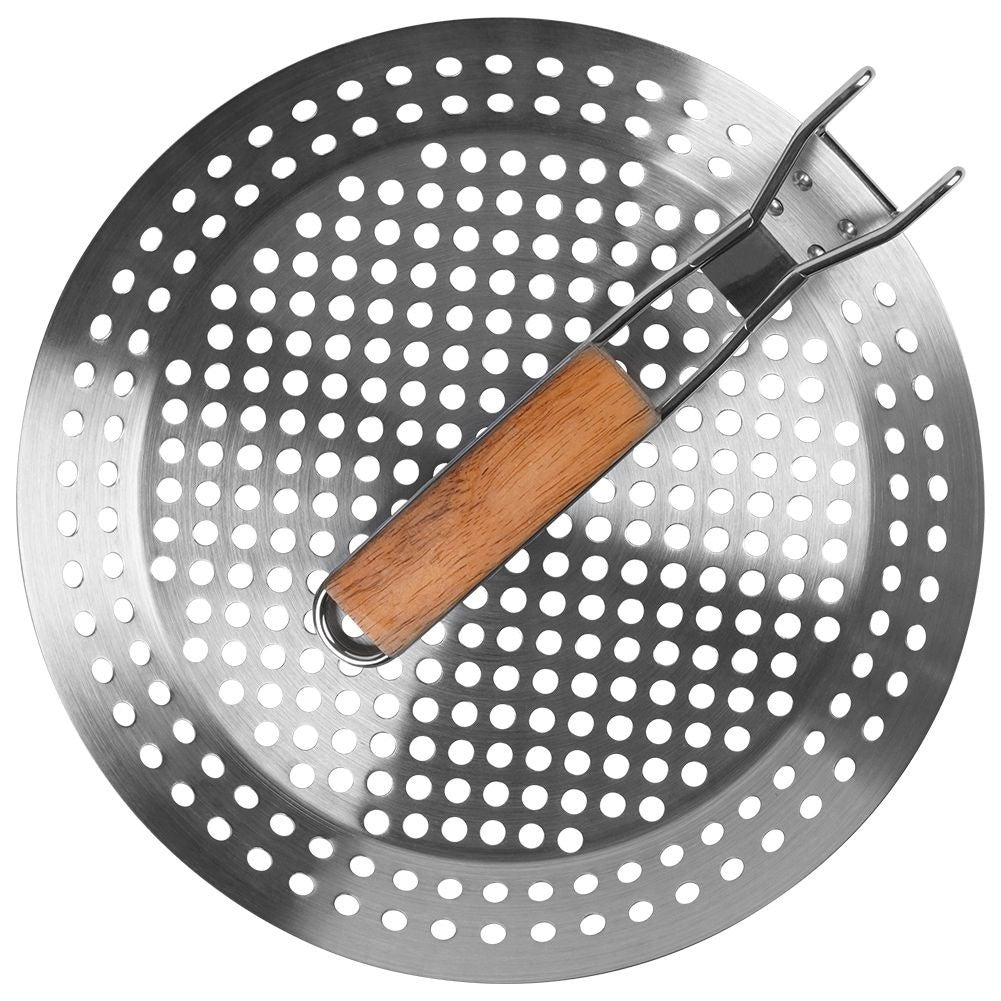 Grill pan with perforated surface and foldable handle