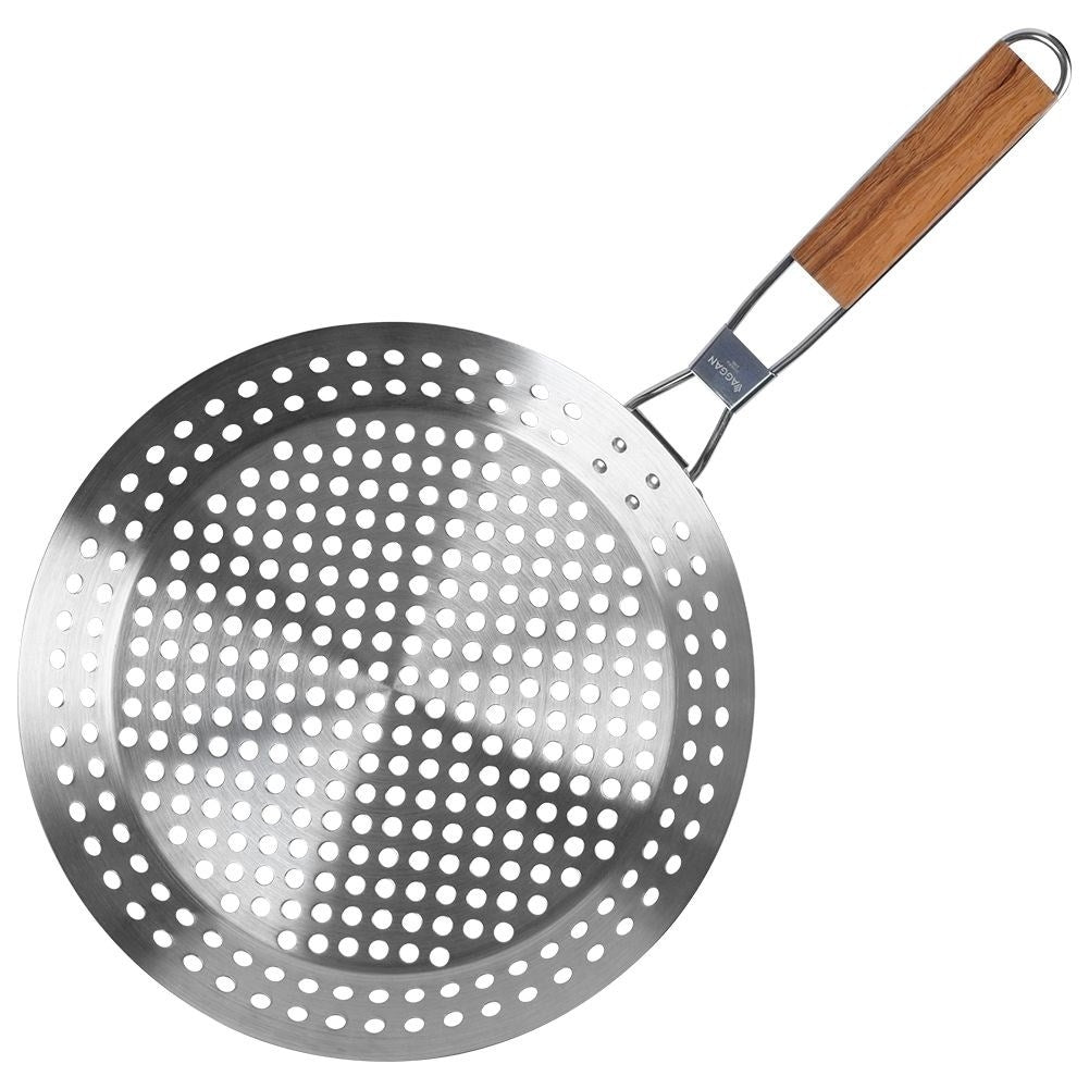 Grill pan with perforated surface and foldable handle