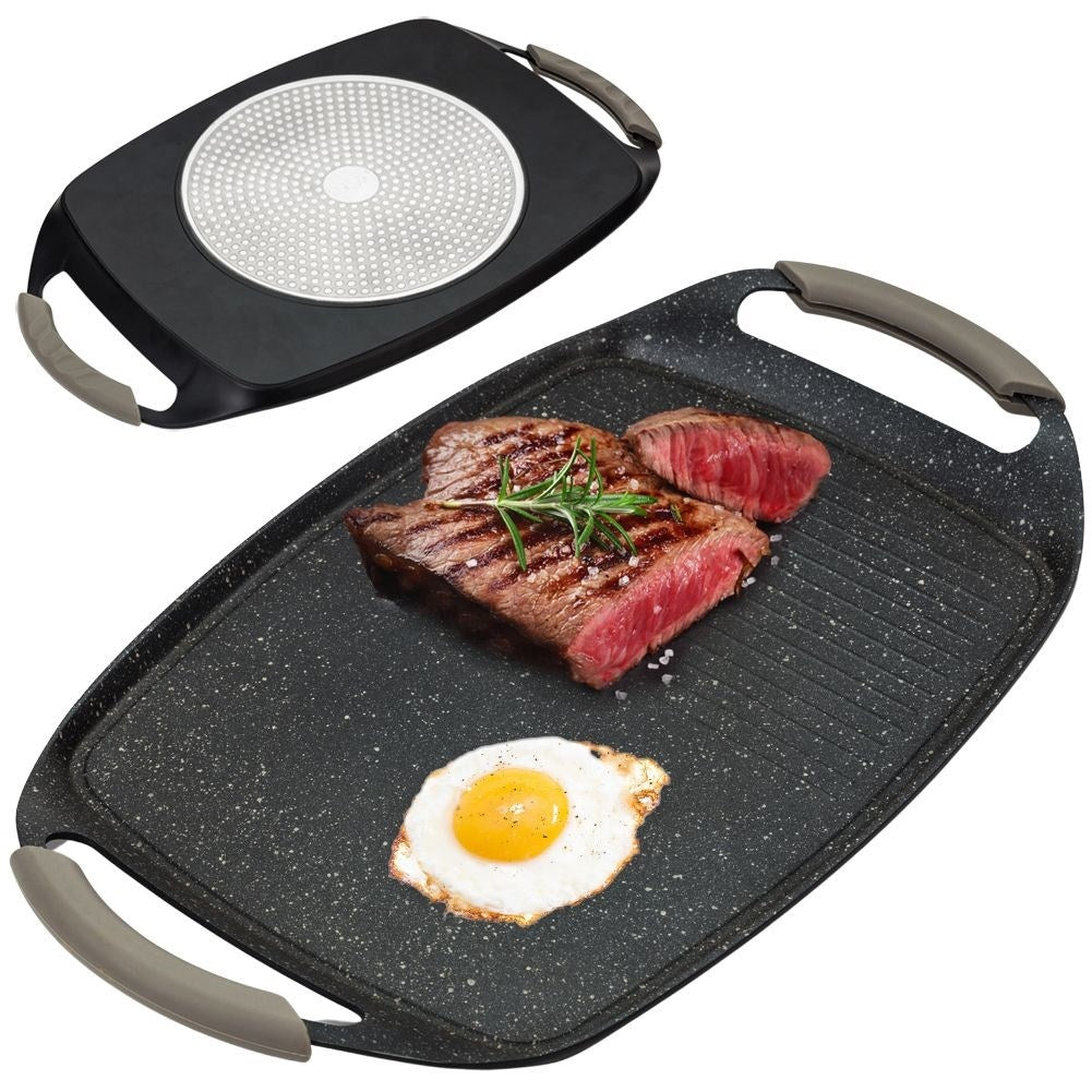 Grill plate with non-stick granite and removable silicone handles