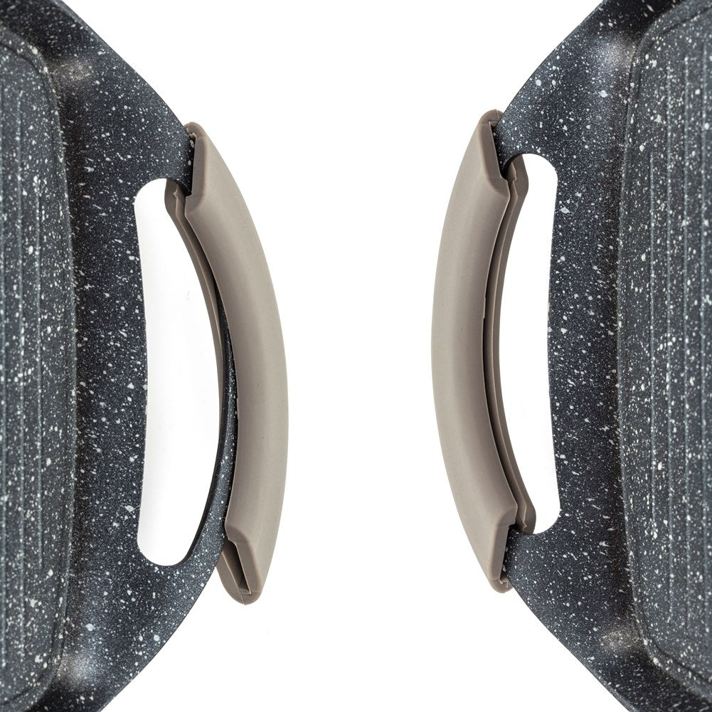 Grill plate with non-stick granite and removable silicone handles