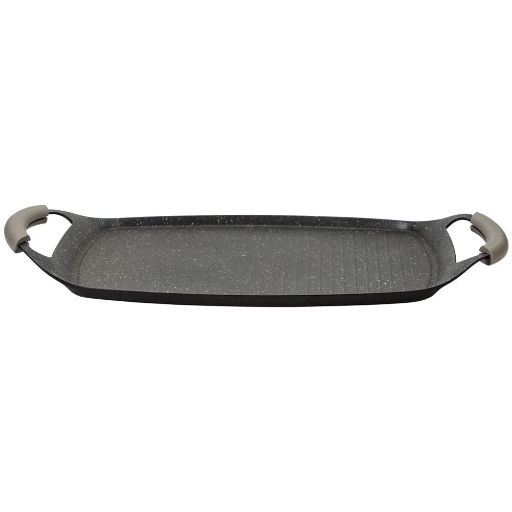 Grill plate with non-stick granite and removable silicone handles