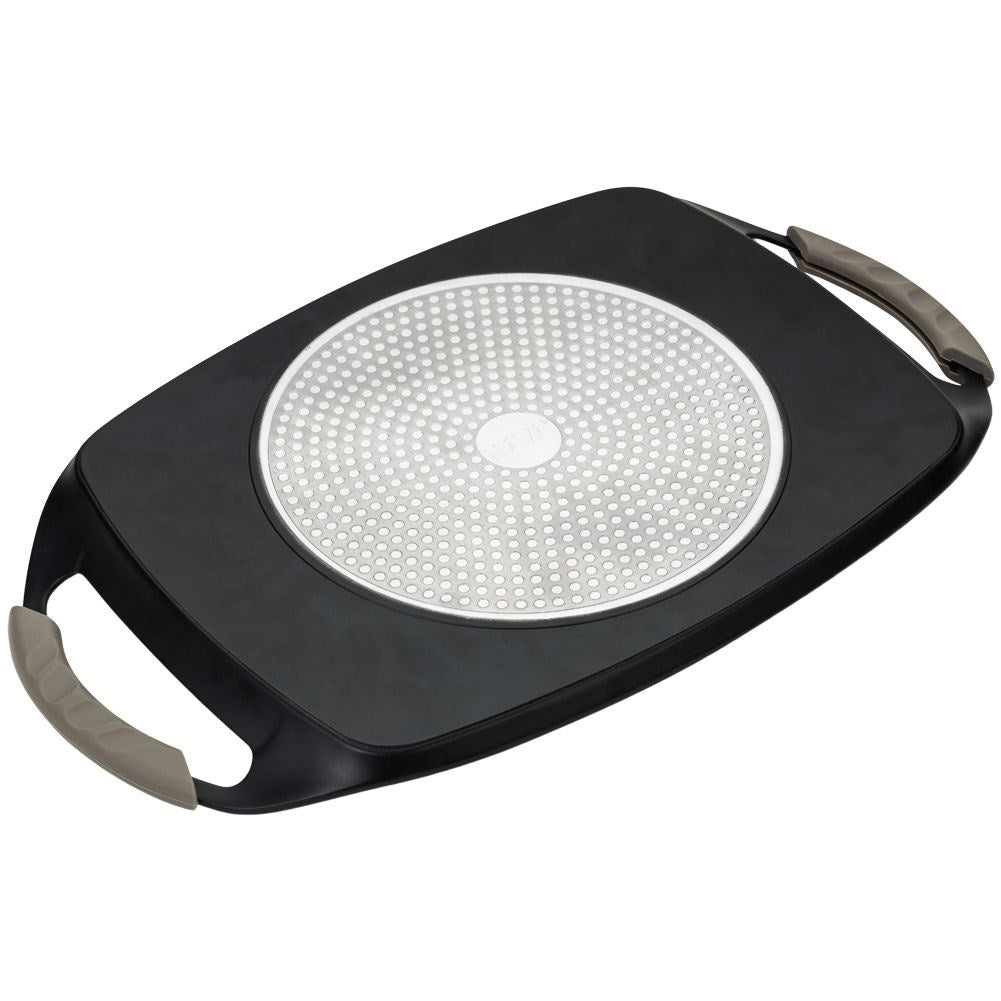Grill plate with non-stick granite and removable silicone handles
