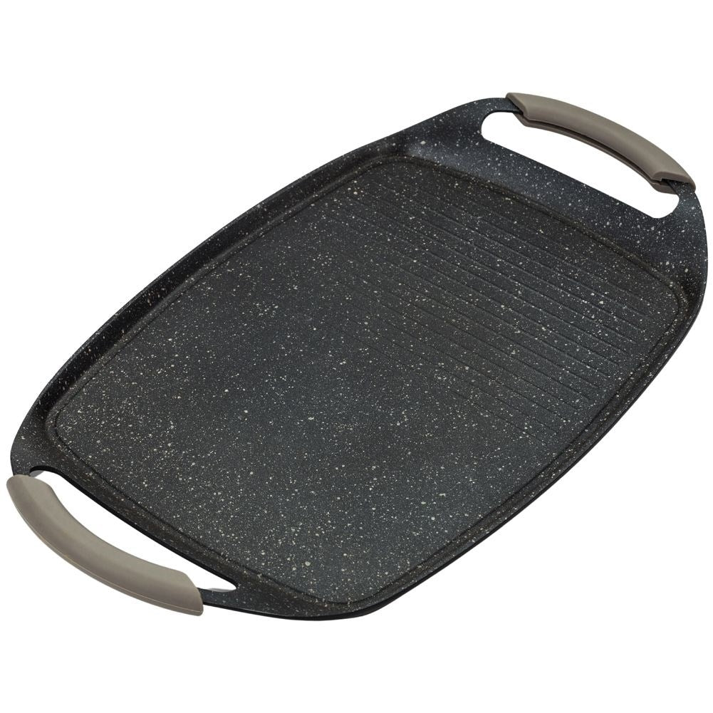 Grill plate with non-stick granite and removable silicone handles