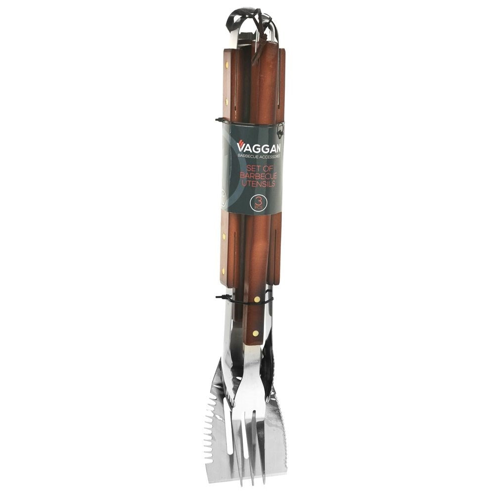 Grill set in stainless steel with spatula, fork and tongs