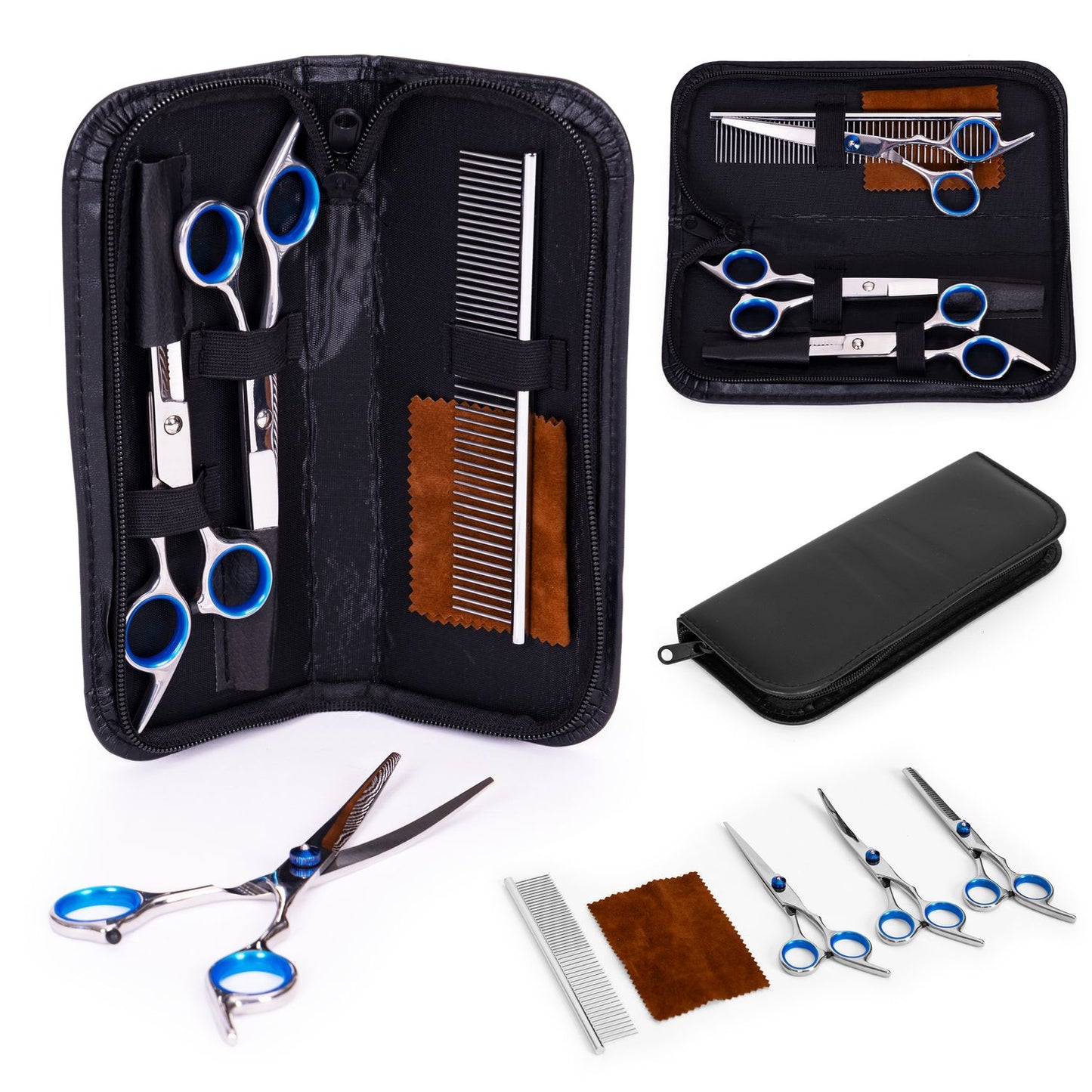 Grooming set for cutting dogs, cats, scissors, comb, case