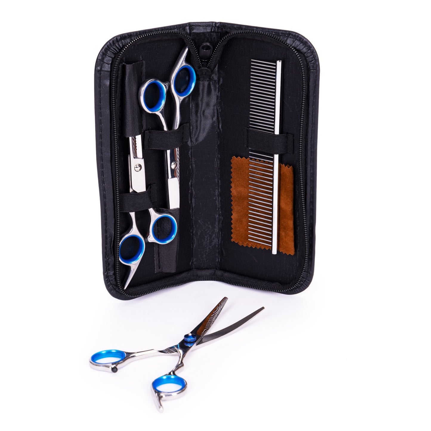 Grooming set for cutting dogs, cats, scissors, comb, case