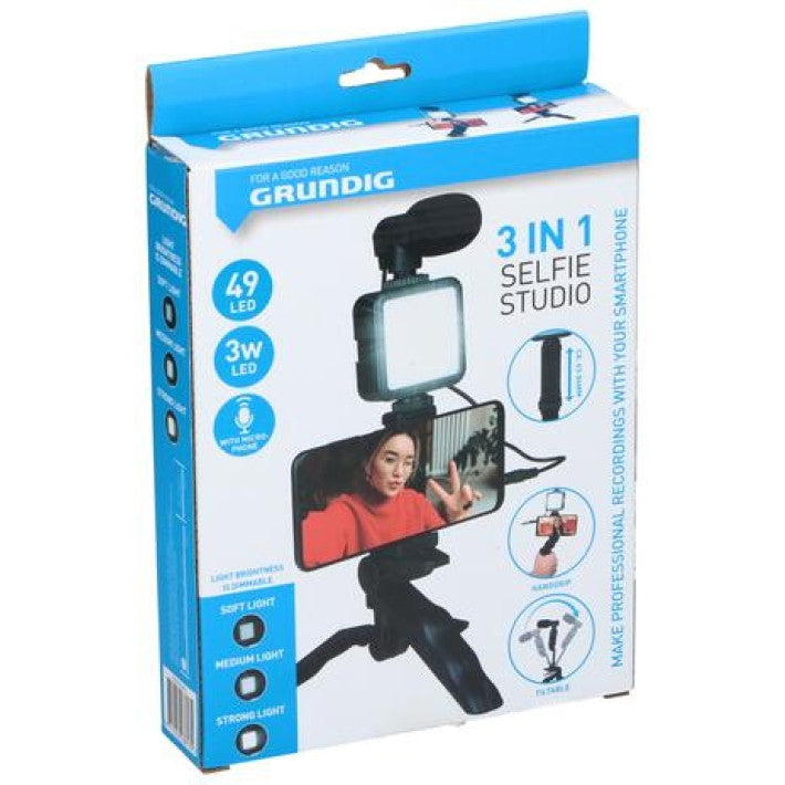 Grundig ED-38135: 3-in-1 Selfie Studio Vlogging Kit with Lighting, Microphone and Tripod