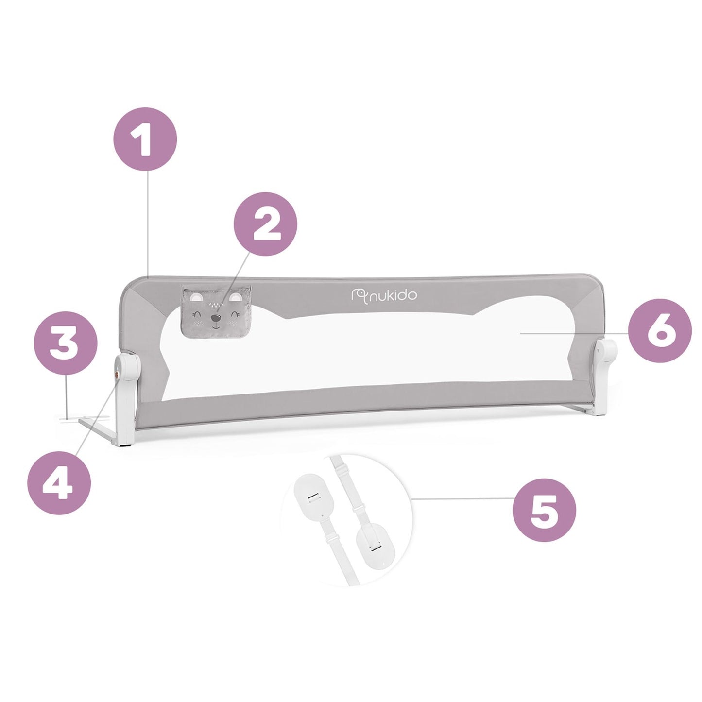 Guard rail for bed 180 x 42 x 35 cm Nukido grey