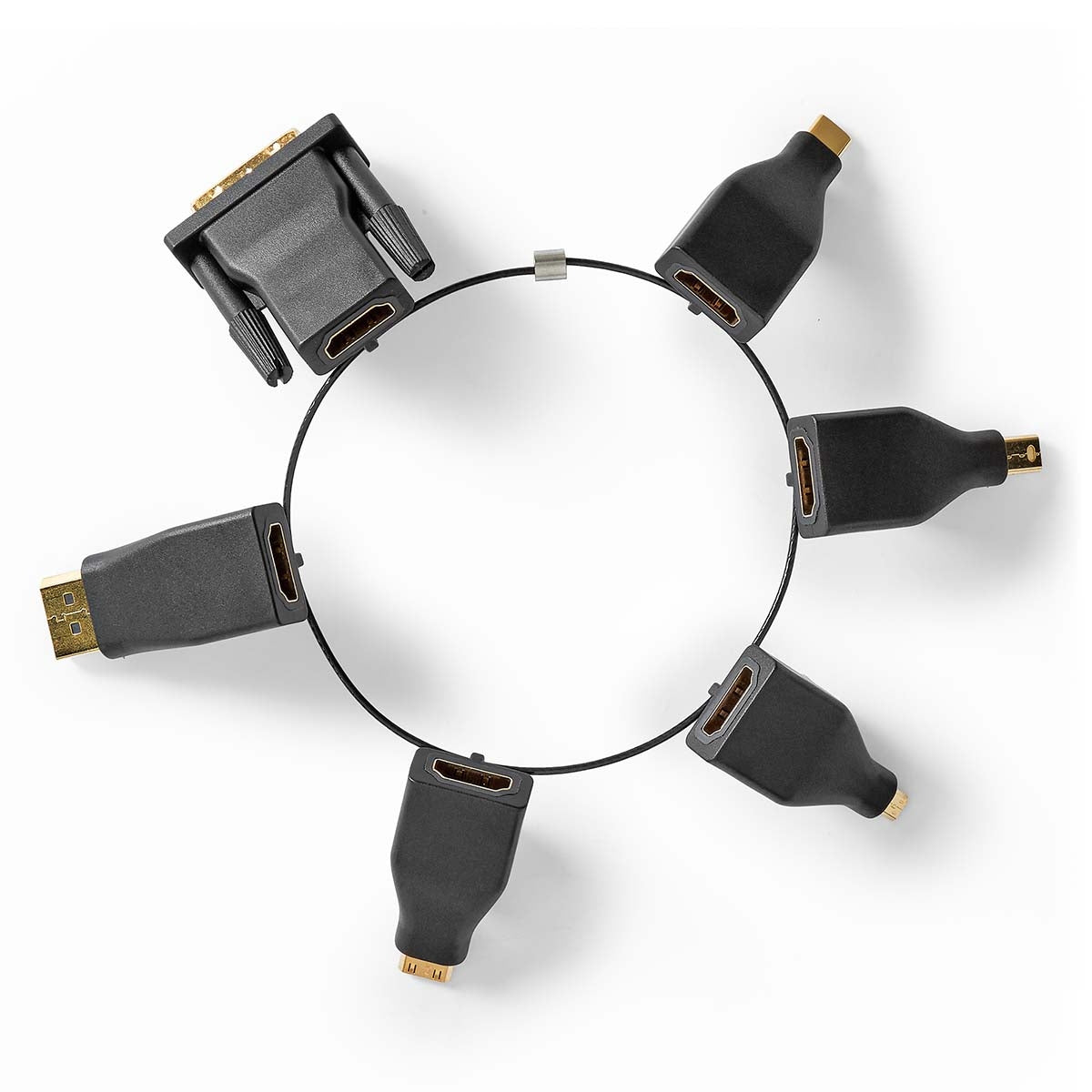 HDMI™ Adapter | DisplayPort Male / DVI-D 24+1-Pin Male / HDMI™ Micro connector / HDMI™ Mini connector / Mini DisplayPort Male / USB-C™ Male | HDMI™ Female | Gold Plated | Straight | PVC | Black | 1 pc. | Box
