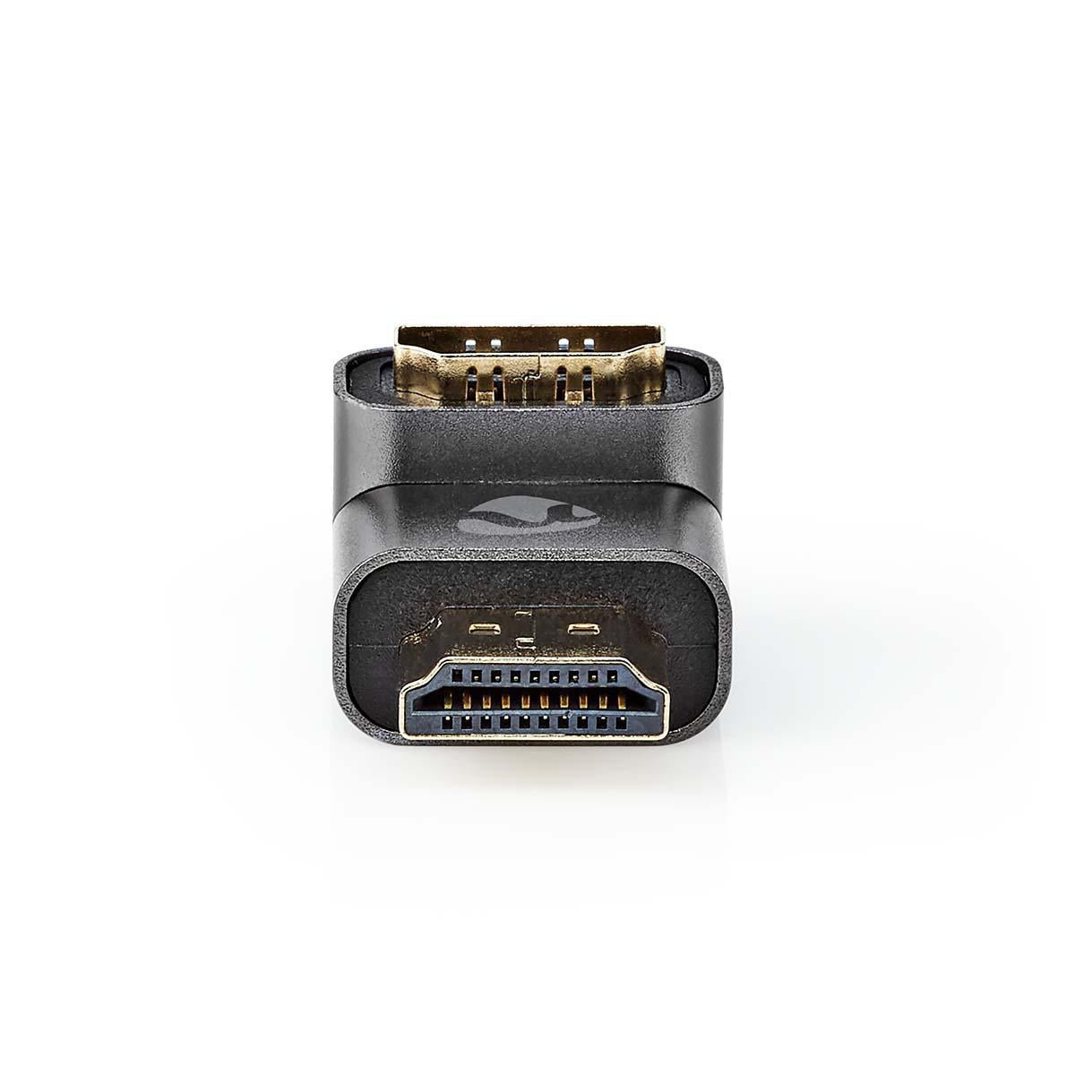 HDMI™ Adapter | HDMI™ Male / HDMI™ Plug | HDMI™ Female / HDMI™ Output | Gold Plated | Angled 90° | Aluminum | Gray With Metal | 1 pc. | Carton with covered window