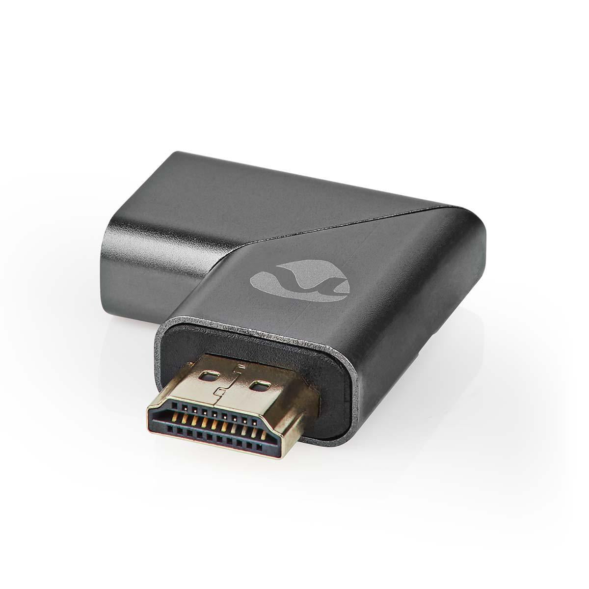 HDMI™ Adapter | HDMI™ Male / HDMI™ Plug | HDMI™ Female / HDMI™ Output | Gold Plated | Angled left | Aluminum | Gray With Metal | 1 pc. | Carton with covered window