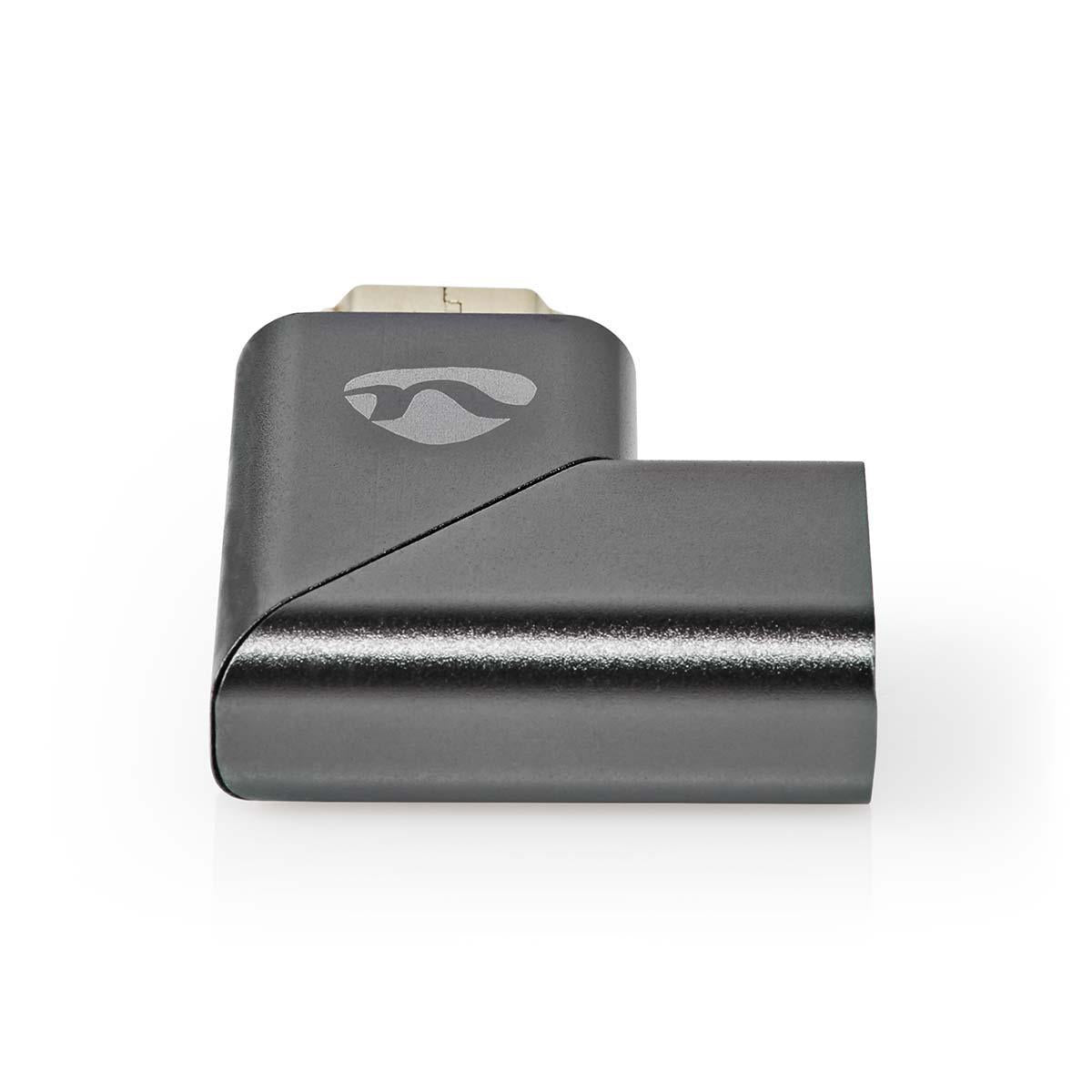 HDMI™ Adapter | HDMI™ Male / HDMI™ Plug | HDMI™ Female / HDMI™ Output | Gold Plated | Angled left | Aluminum | Gray With Metal | 1 pc. | Carton with covered window