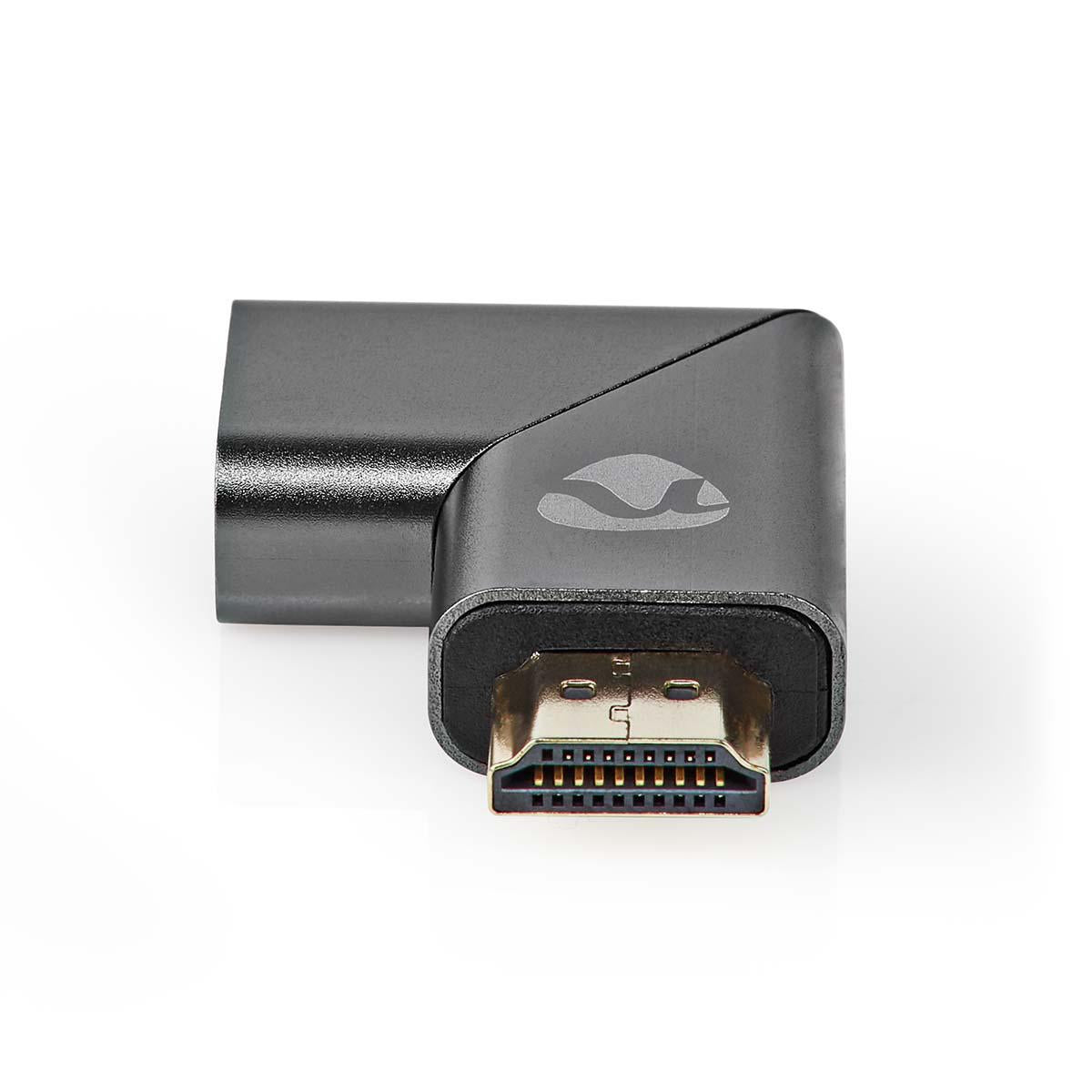 HDMI™ Adapter | HDMI™ Male / HDMI™ Plug | HDMI™ Female / HDMI™ Output | Gold Plated | Angled left | Aluminum | Gray With Metal | 1 pc. | Carton with covered window
