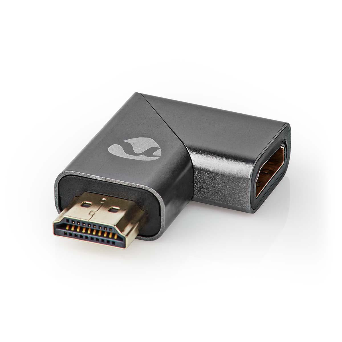 HDMI™ Adapter | HDMI™ Male / HDMI™ Plug | HDMI™ Female / HDMI™ Output | Gold Plated | Angled right | Aluminum | Gray With Metal | 1 pc. | Carton with covered window