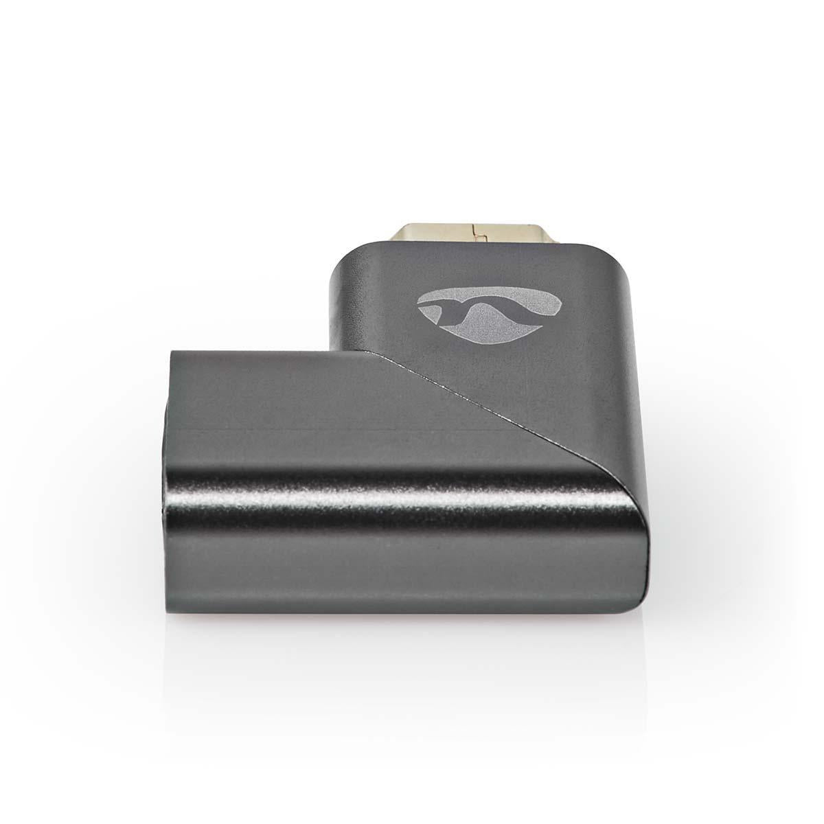 HDMI™ Adapter | HDMI™ Male / HDMI™ Plug | HDMI™ Female / HDMI™ Output | Gold Plated | Angled right | Aluminum | Gray With Metal | 1 pc. | Carton with covered window