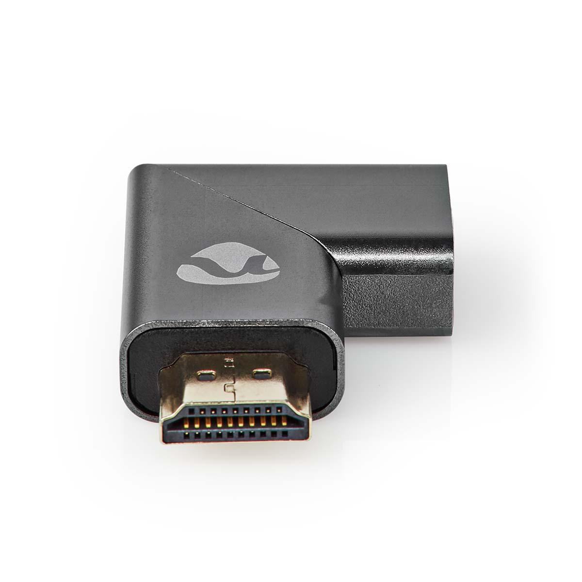 HDMI™ Adapter | HDMI™ Male / HDMI™ Plug | HDMI™ Female / HDMI™ Output | Gold Plated | Angled right | Aluminum | Gray With Metal | 1 pc. | Carton with covered window
