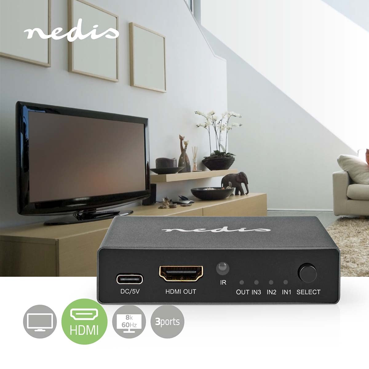 HDMI™ Switch | 3-Port port(s) | 3x HDMI™ Input | HDMI™ output | 8K@60Hz | 45 Gbps | Remote controlled | Aluminum | Anthracite