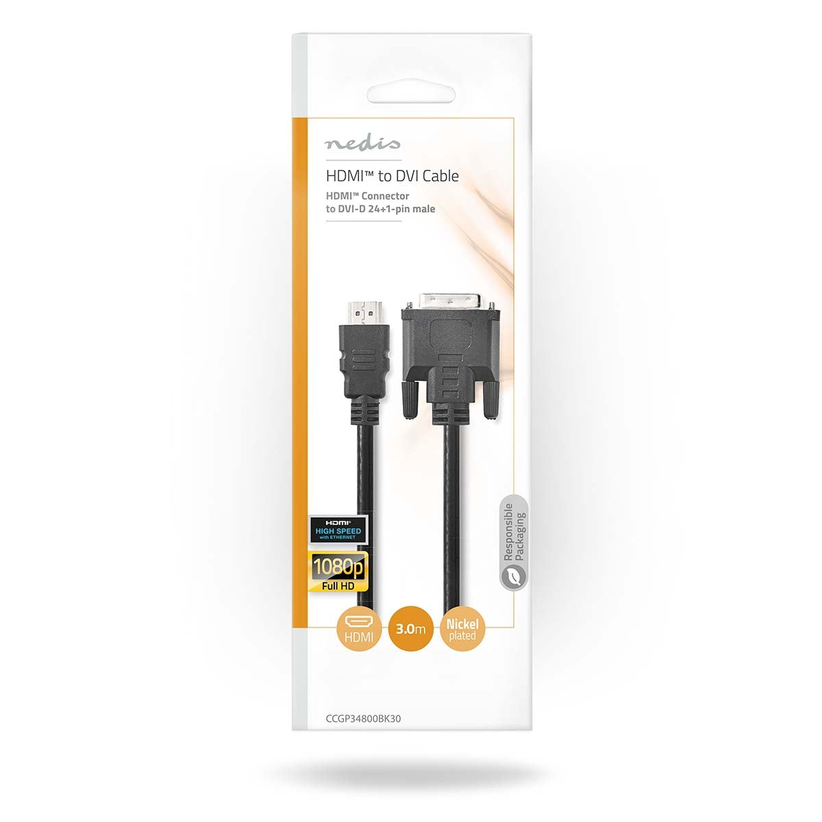 HDMI™ cable | HDMI™ Connector | DVI-D 24+1-Pin Male | 1080p | Nickel Plated | 3.00 m | Straight | PVC | Black | Envelope