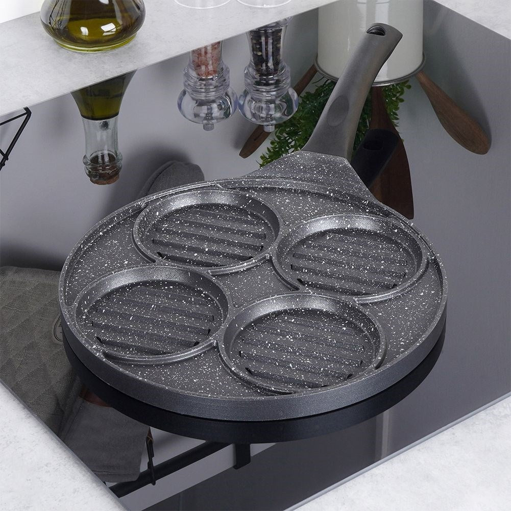 Hamburger frying pan with 4 holes in durable granite coating