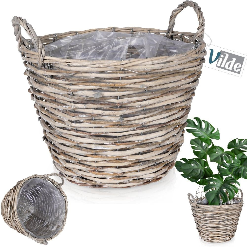 Hand-braided willow plant pot with waterproof foil-covered inside