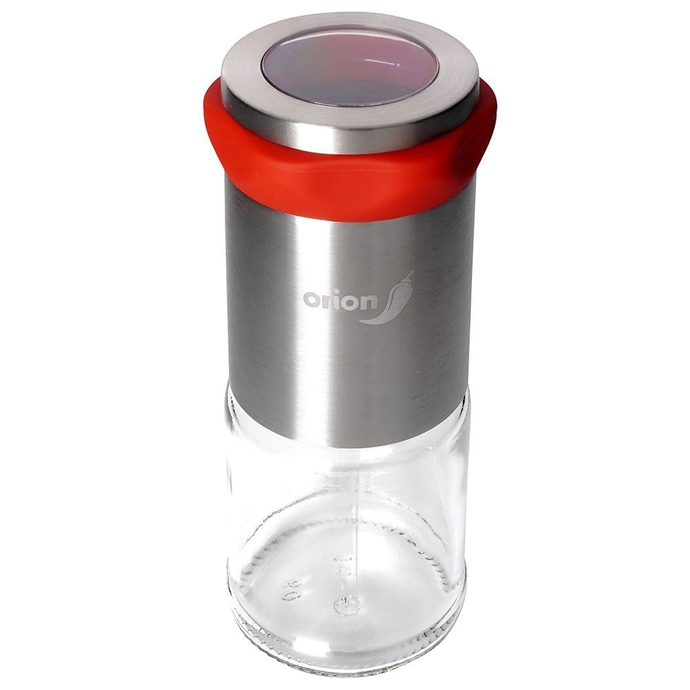 Hand grinder for chili pepper with glass container and steel mechanism