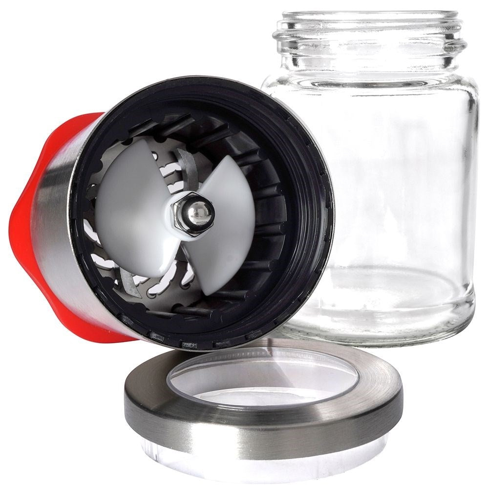 Hand grinder for chili pepper with glass container and steel mechanism